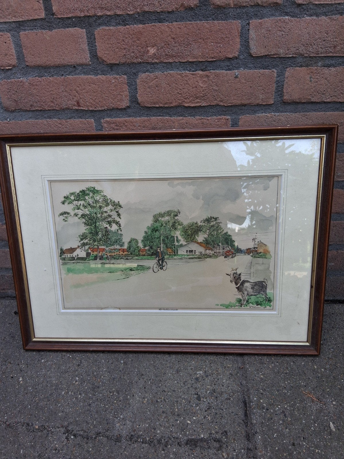Mooi ingelijst schilderij met dorpsgezicht en figuren, Antiek en Kunst, Kunst | Schilderijen | Klassiek, Realistisch, Aquarel