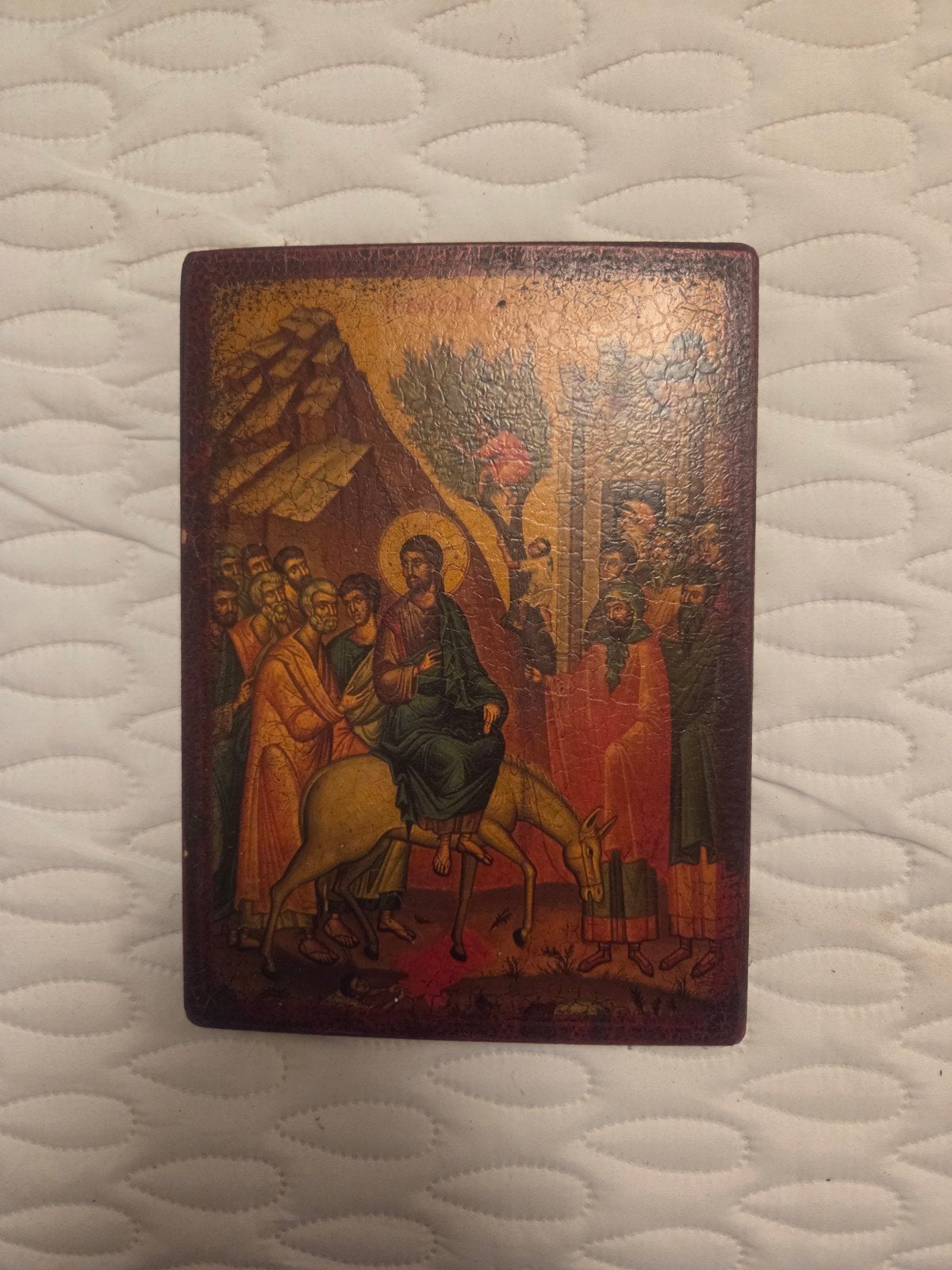 Antieke icoon: Jezus Christus op een ezel, 22x16cm, Antiek en Kunst, Antiek | Religie, Ophalen of Verzenden