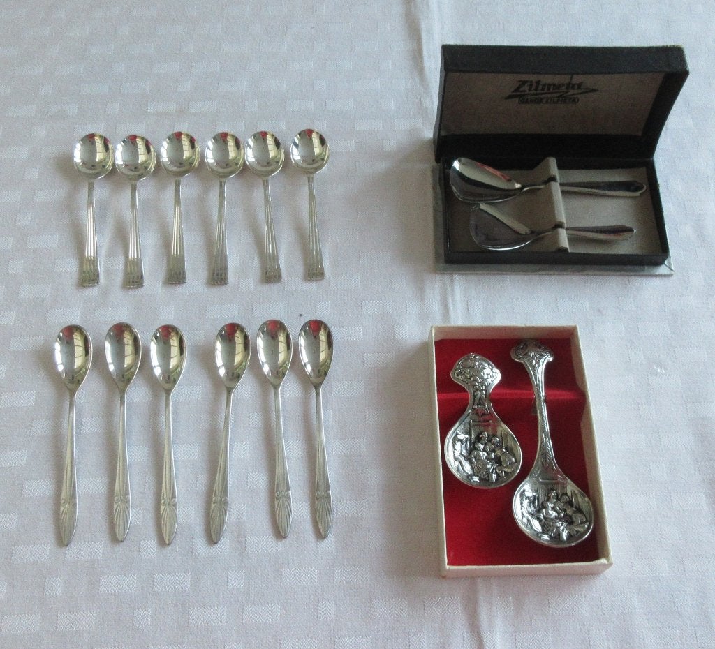 Verzilverde theelepeltjes en suikerscheppen, Onbekend, Ophalen of Verzenden, Onbekend, Rvs of Chroom