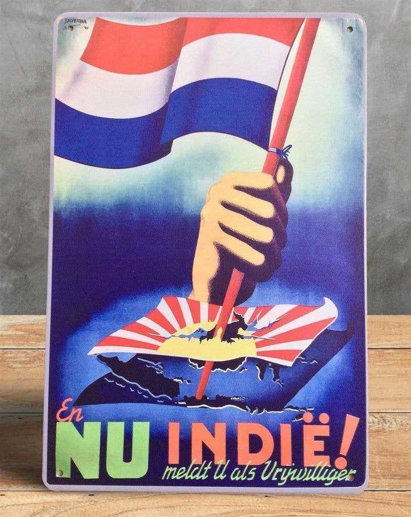 Metalen Nederlands NU INDIE knil Propaganda wandbord, Verzamelen, Verzenden, Nederland, Embleem of Badge