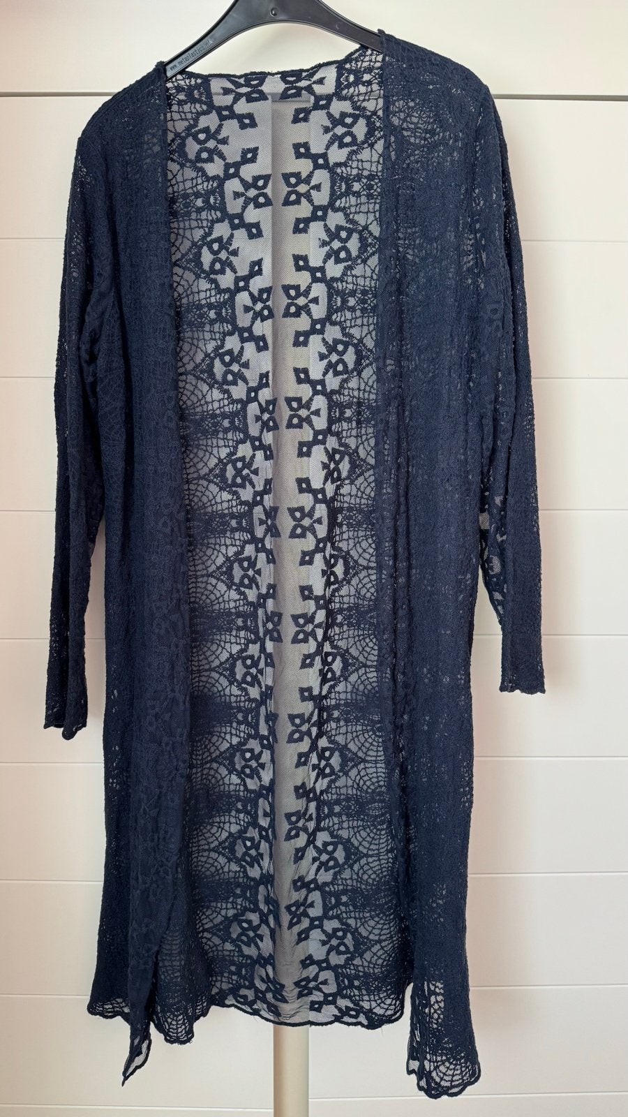 Donkerblauwe kanten lange vest, Ophalen of Verzenden, Zo goed als nieuw, Maat 38/40 (M), Blauw