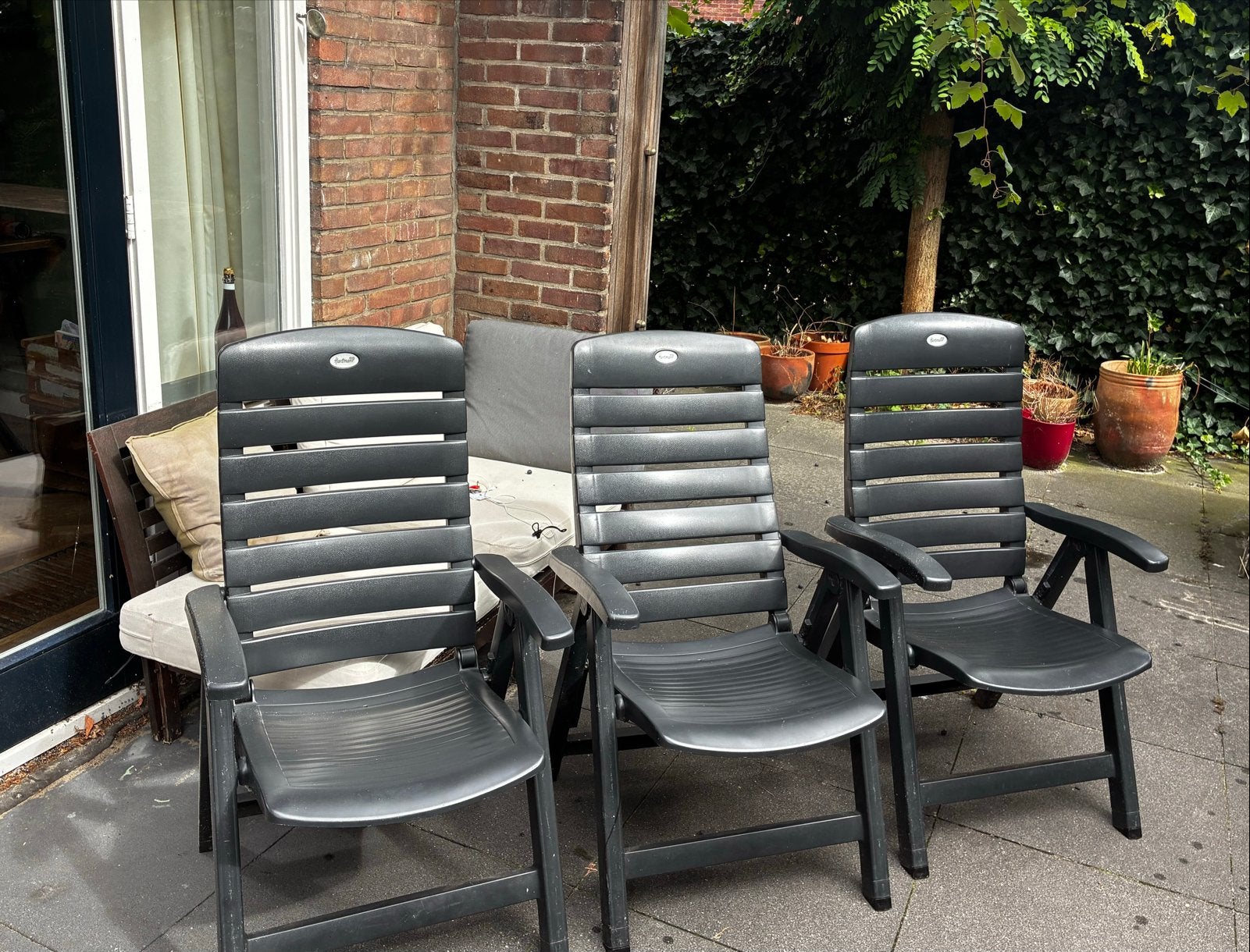 3 grijze Hartman tuinstoelen, Tuin en Terras, Tuinstoelen, Ophalen, Gebruikt, Kunststof, Verstelbaar
