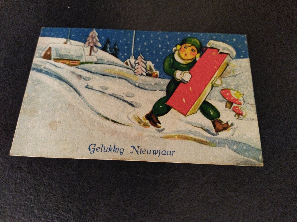 Vintage ansichtkaart Gelukkig Nieuwjaar kind cadeau sneeuw, Ophalen of Verzenden, 1940 tot 1960, Gelopen, Feest(dag)