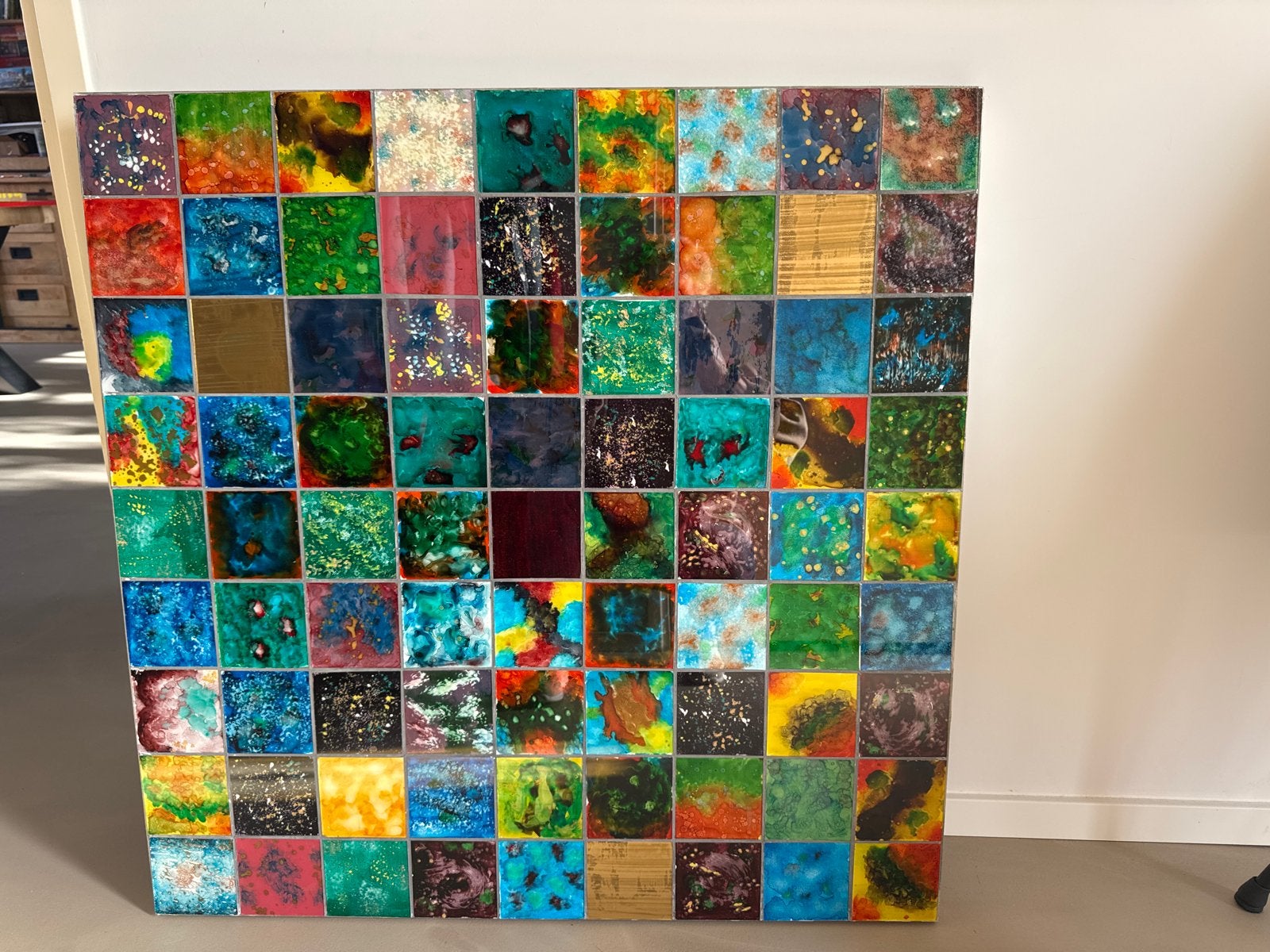 Uniek abstract schilderij met kleurrijke tegels, Antiek en Kunst, Ophalen
