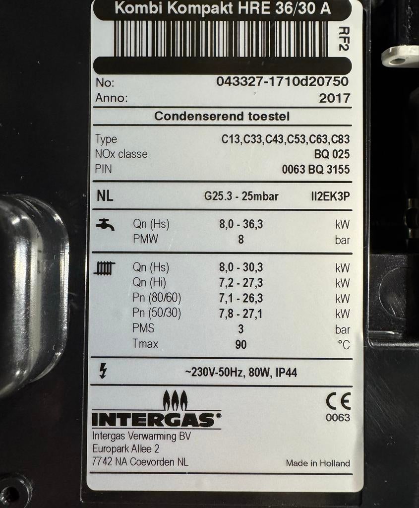 Intergas Kompakt HRE 36/30 A CV-ketel (2017), Ophalen, 30 tot 80 cm, Gebruikt, Hoog rendement (Hr)