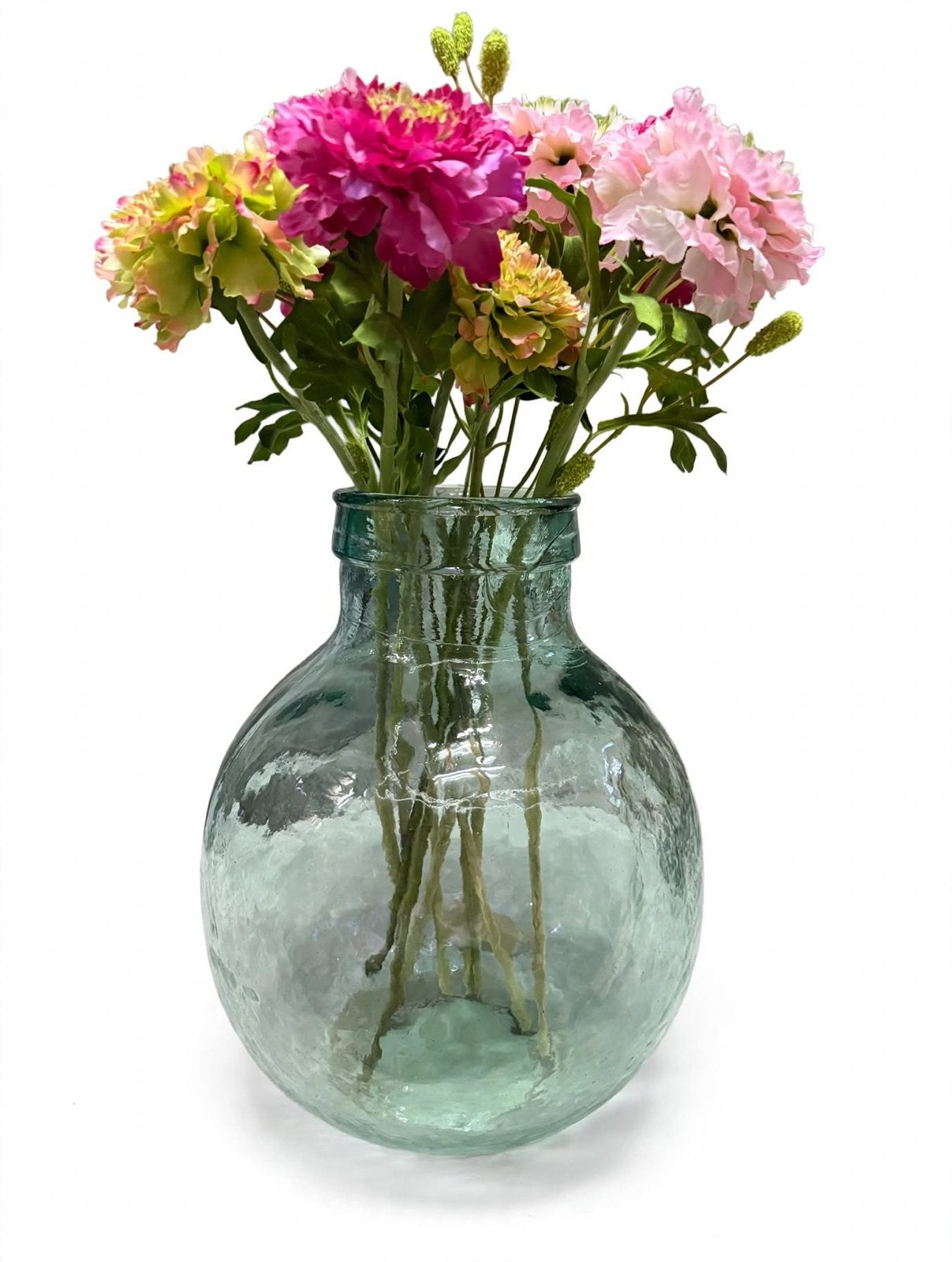Glazen bolvaas met kunstbloemen, Inclusief droogbloemen, Ophalen of Verzenden, Roze, Glas