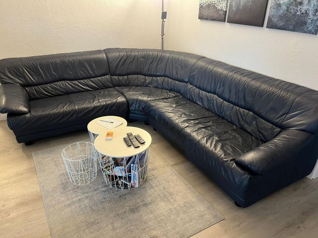 Comfortabele Leren Hoekbank - Donkerblauw, Ophalen, Gebruikt, 100 tot 125 cm, Hoekbank