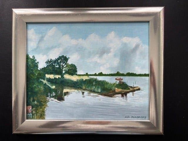 Olieverf schilderij, Reeuwijkse plassen, 38 x 30 cm, Maritiem / water, Overige stijlen, Doek, Ophalen of Verzenden