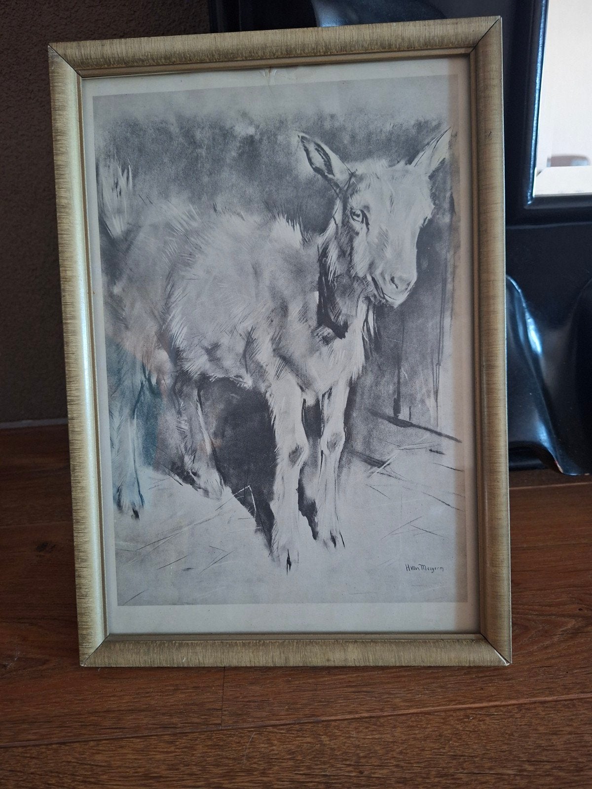 Vintage tekening van geit, gesigneerd H. van Meegeren, Ophalen of Verzenden, Tekening, Potloodtekening, Ingelijst