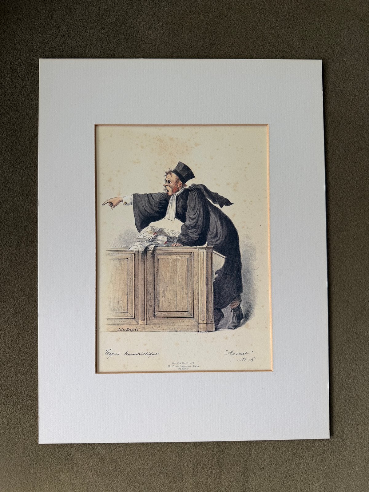 prent Jules Després - “Avocat” No. 16 –Types humoristiques, Antiek en Kunst, Met passe-partout, Ophalen of Verzenden, Personages en Fantasiefiguren
