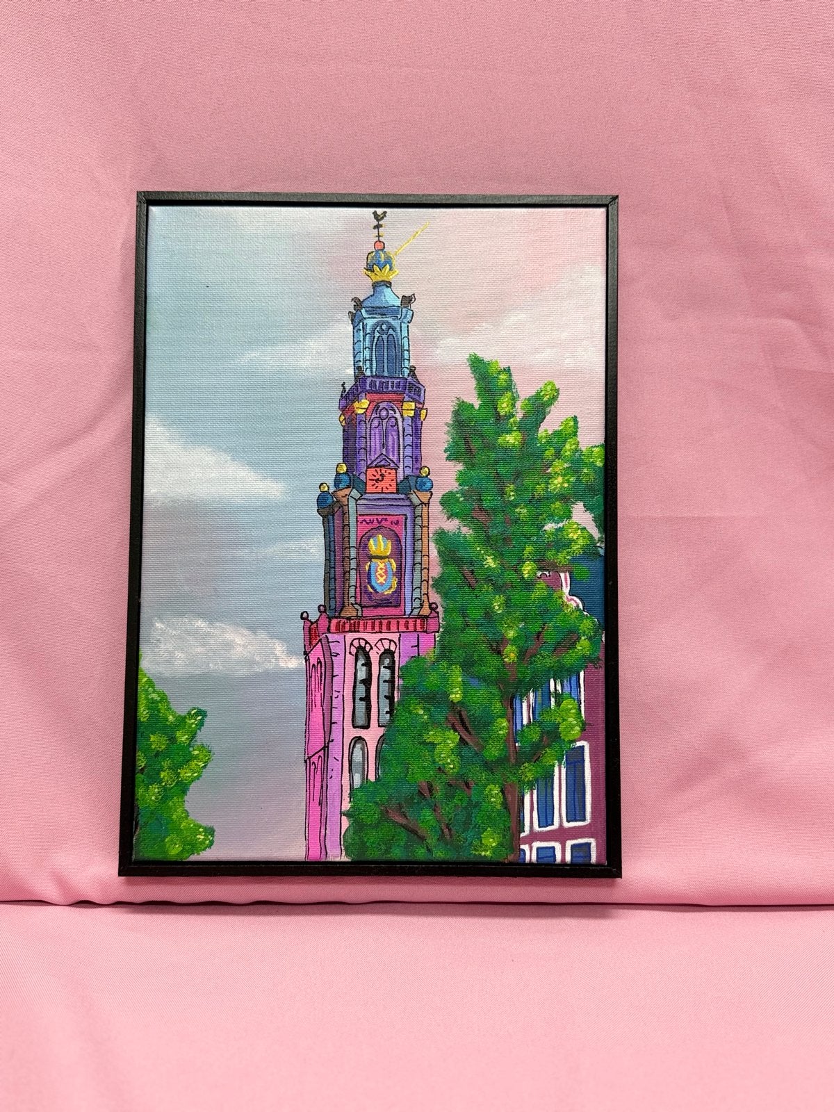 Schilderij Westertoren Amsterdam - 22x32cm, Acrylverf, Handgeschilderd, Ophalen of Verzenden, Stadsgezicht