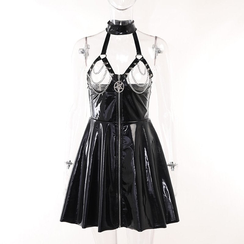 Zwarte kunstleren gothic jurk dames vrouwen wetlook lakleer, Kleding | Dames, Verzenden, Nieuw, Zwart, Onder de knie