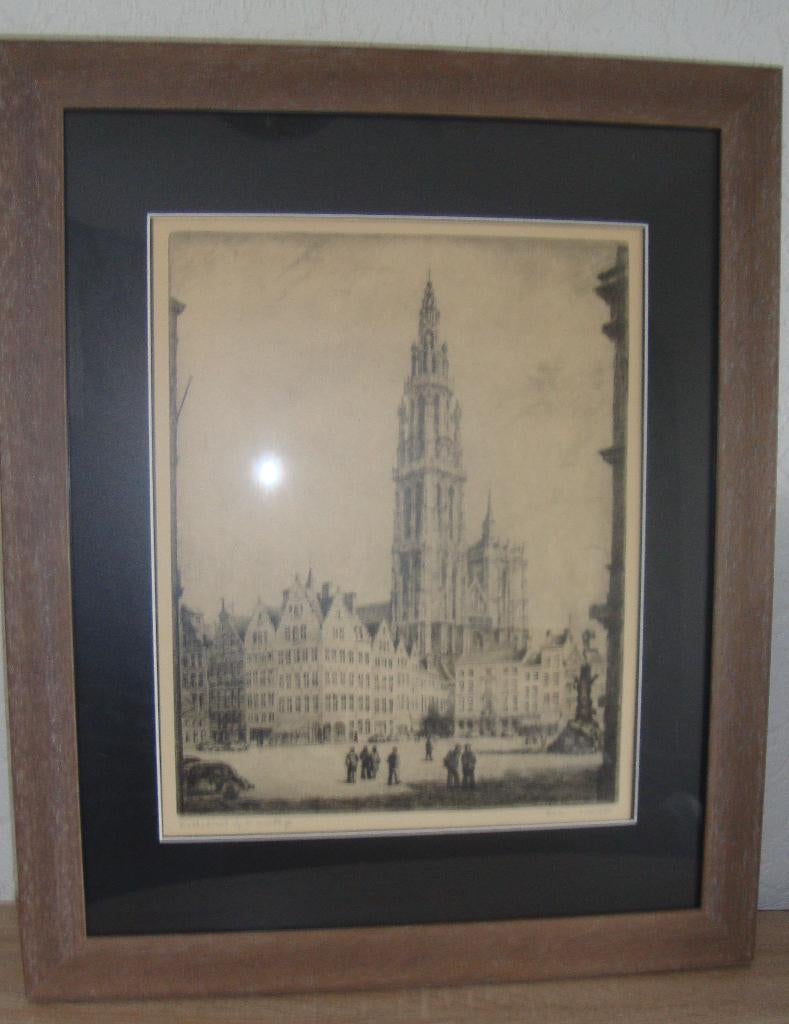 Romain Malfiet kathedraal te Antwerpen - nieuw ingelijst, Ingelijst, Ets, Stadsgezicht, Ophalen of Verzenden