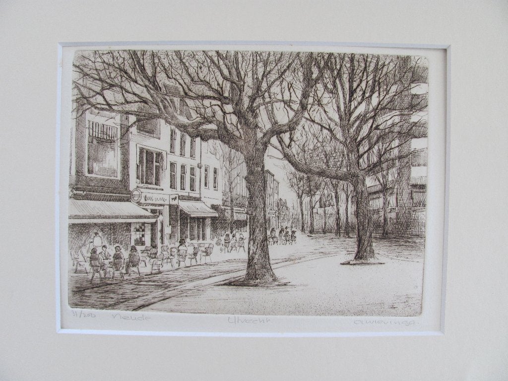 Neude Utrecht - ets van A. Wieringa, Antiek en Kunst, Kunst | Etsen en Gravures, Origineel, Stadsgezicht, 19 cm, Ophalen of Verzenden