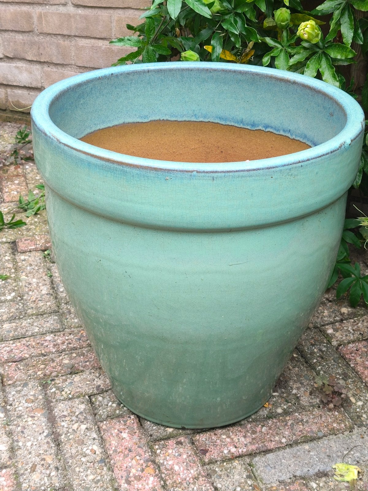 Grote turquoise bloempot voor tuin en terras, Tuin en Terras, Rond, Minder dan 40 cm, Tuin, Aardewerk