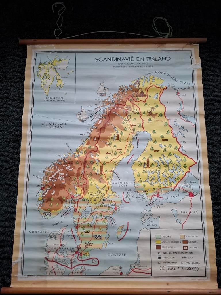 Oude schoolkaart Scandinavië en Finland  Bakker en Rusch, Antiek en Kunst, Ophalen, Aardrijkskunde