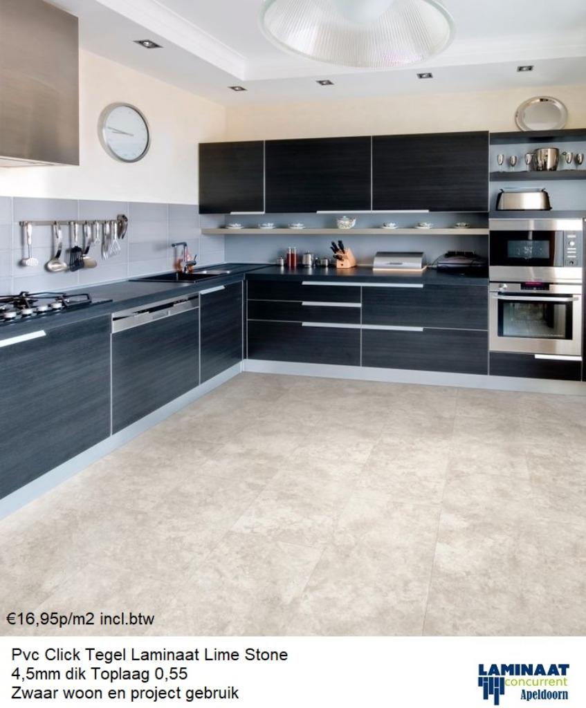 Pvc click Tegel Lime stone Travertin 4,5mm dik €16,95m2, 75 m² of meer, Nieuw, Ophalen of Verzenden, Beige
