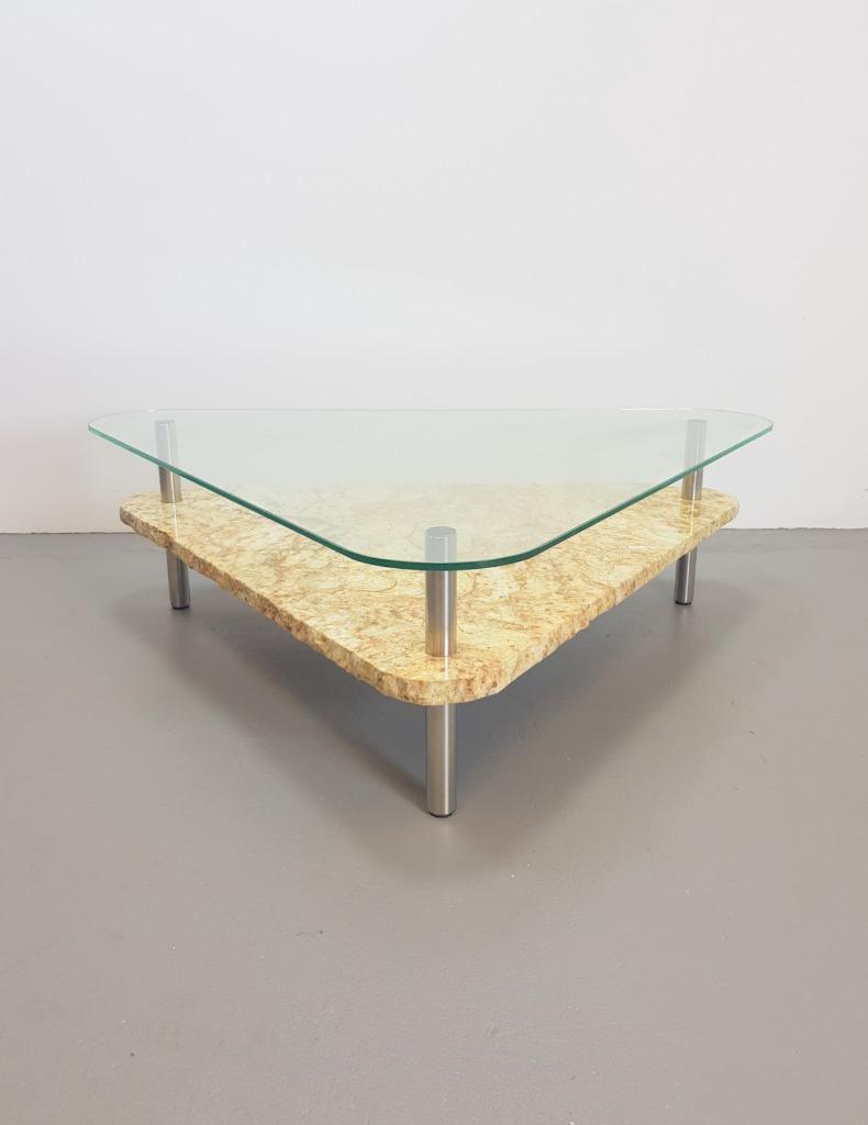 Vintage traingel brutalist salontafel marmer glas tafel '70, Ophalen, 100 tot 150 cm, N, Glas