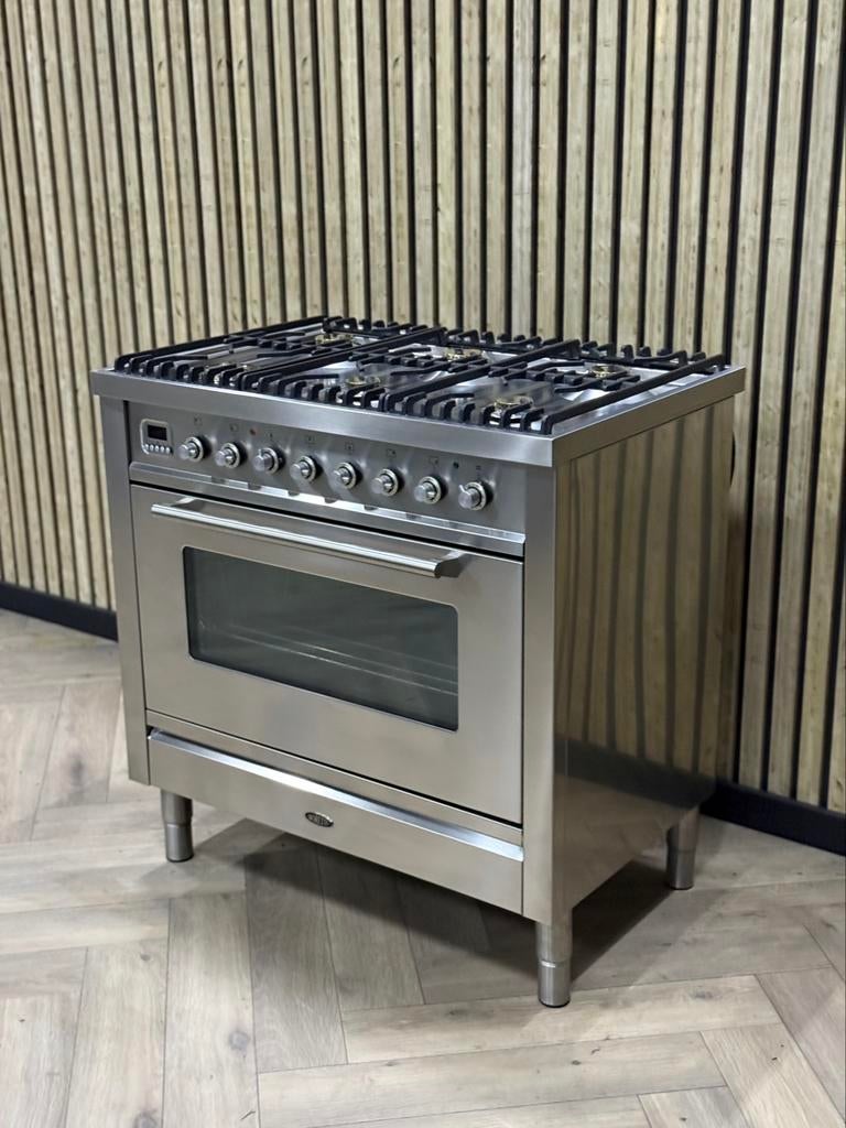 Boretti Inox 90cm Gas 6 pits + Multifunctionele Oven, Warmhoudplaat, 60 cm of meer, Ophalen of Verzenden, Zo goed als nieuw