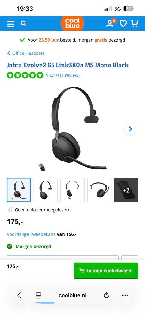 Jabra Evolve2 65 Link380a MS Mono - Zwart, Computers en Software, Headsets, Nieuw, On-ear, Draadloos, Mute-functie, Ophalen of Verzenden