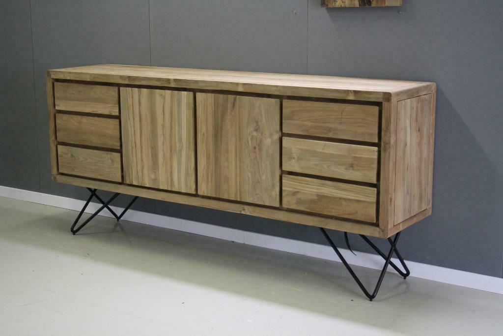 Retro dressoir teakhout op metalen pootjes, 2 meter breed!, Ophalen, 150 tot 200 cm, Nieuw, Dressoir