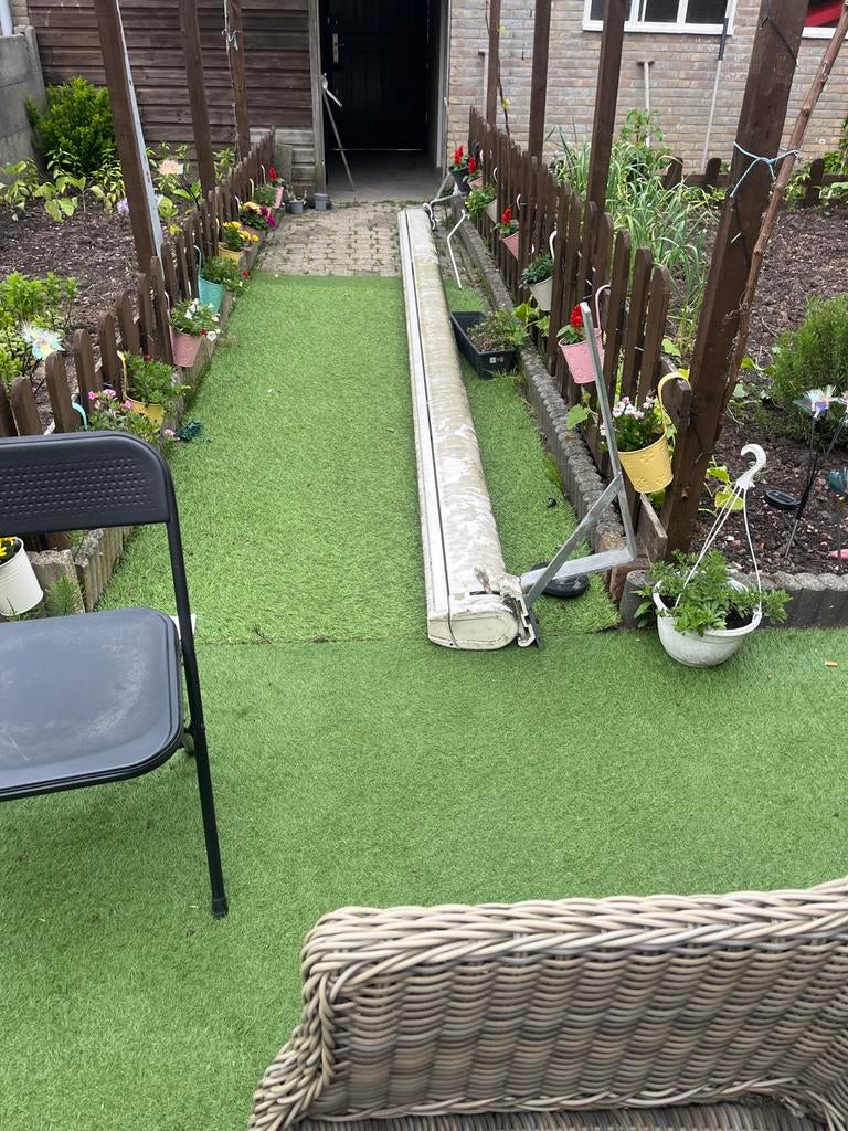Zonnescherm , 500 cm breed, Tuin en Terras, Zonneschermen, Gebruikt, Knikarmscherm, 150 tot 300 cm, 450 cm of meer, Ophalen of Verzenden