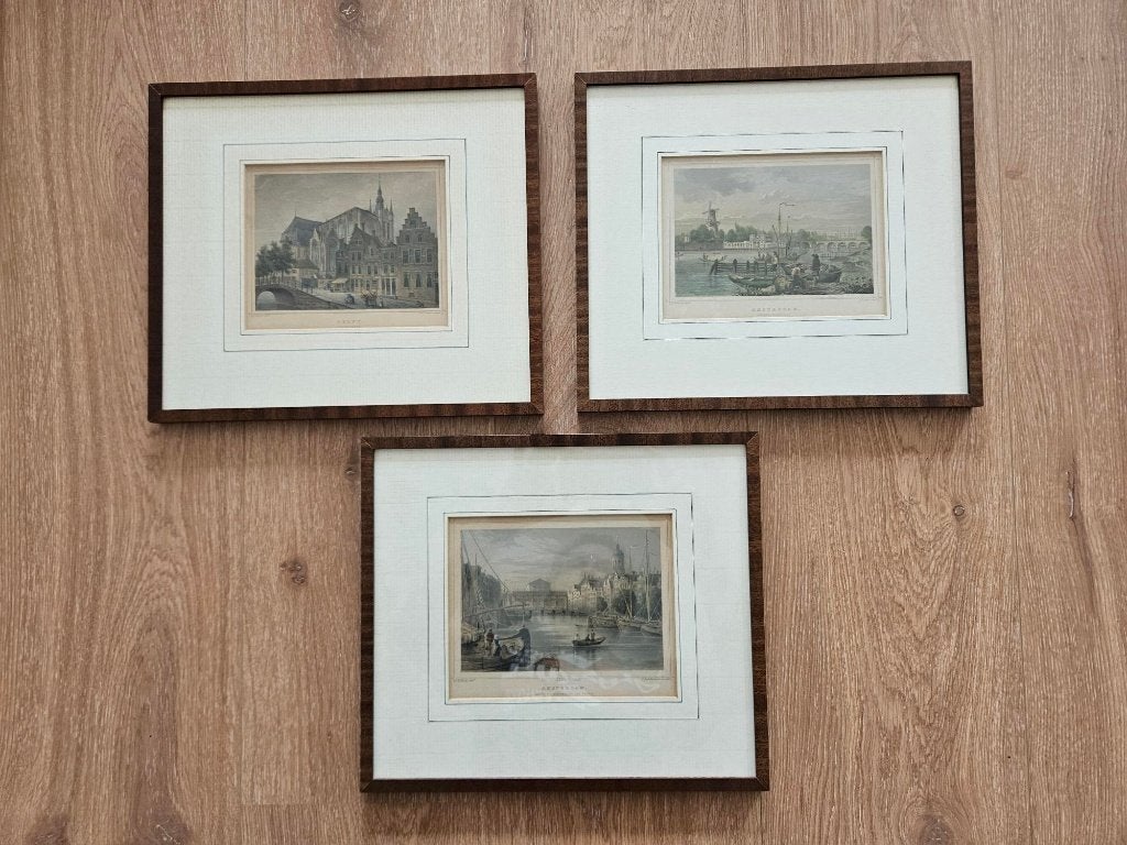 Gravures drie handgekleurde staal gravures, Antiek en Kunst, Kunst | Etsen en Gravures, Ophalen
