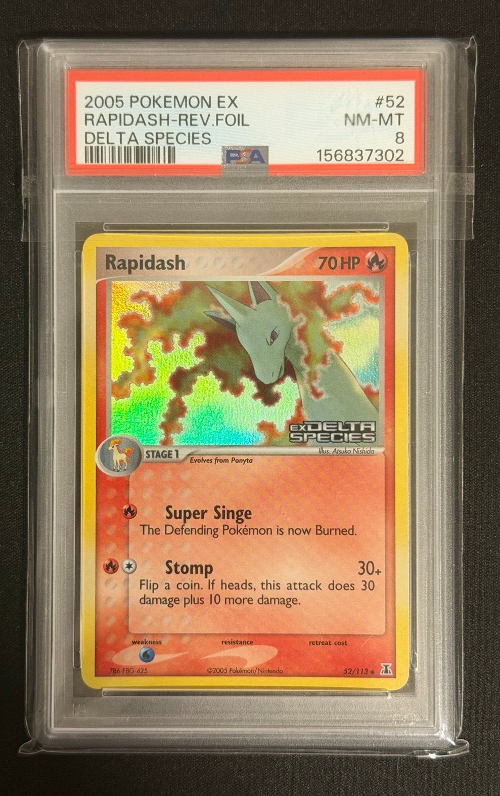 Rapidash #52 Reverse Foil Delta Species PSA 8, Ophalen of Verzenden, Zo goed als nieuw, Losse kaart, Foil
