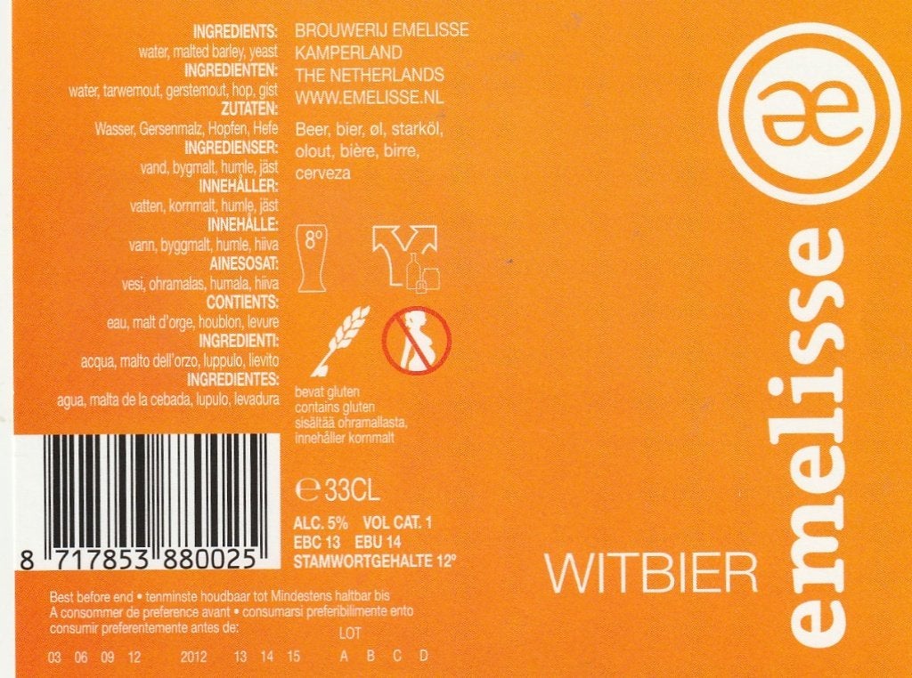 bieretiket Nederland Emelisse Witbier, Verzamelen, Biermerken, Verzenden, Nieuw, Overige typen, Overige merken