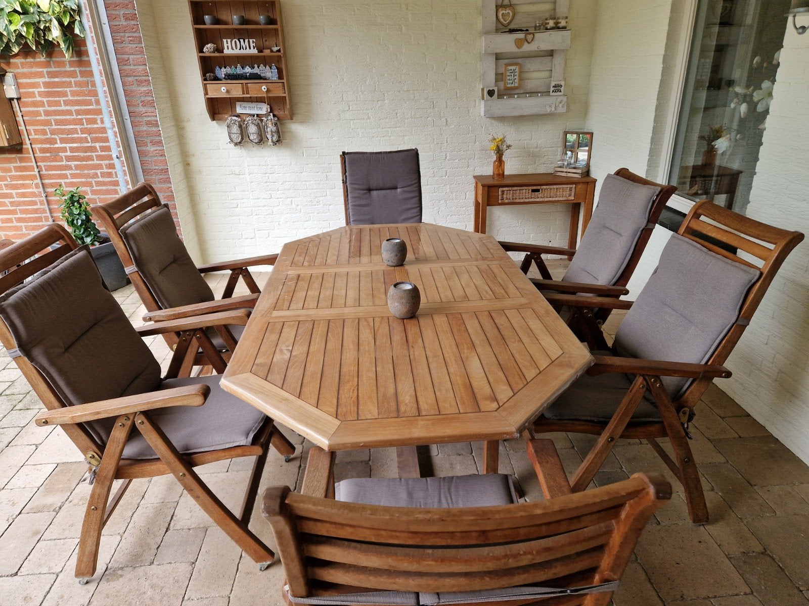Teakhouten tuinset met sidetable, Tuin en Terras, Ophalen, Gebruikt, 6 zitplaatsen, Bijzettafel