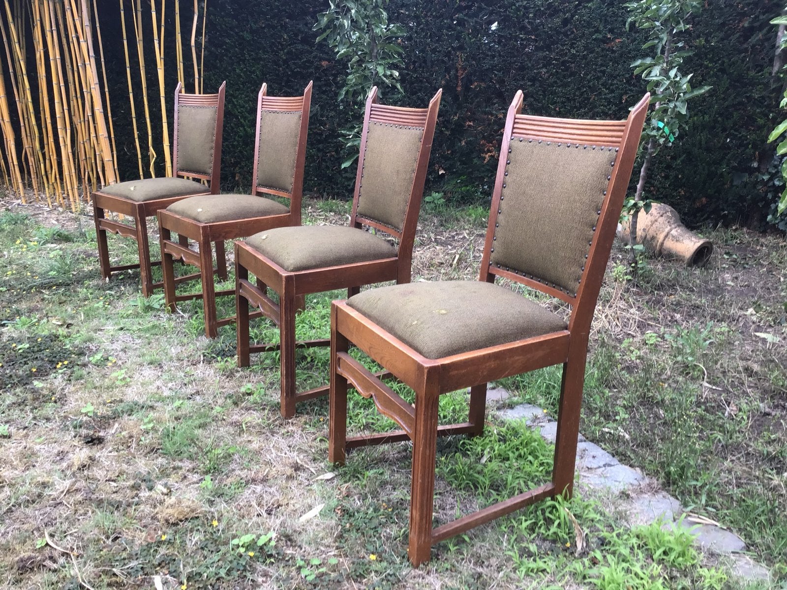 Set van 4 antieke houten stoelen met stoffen bekleding, Ophalen