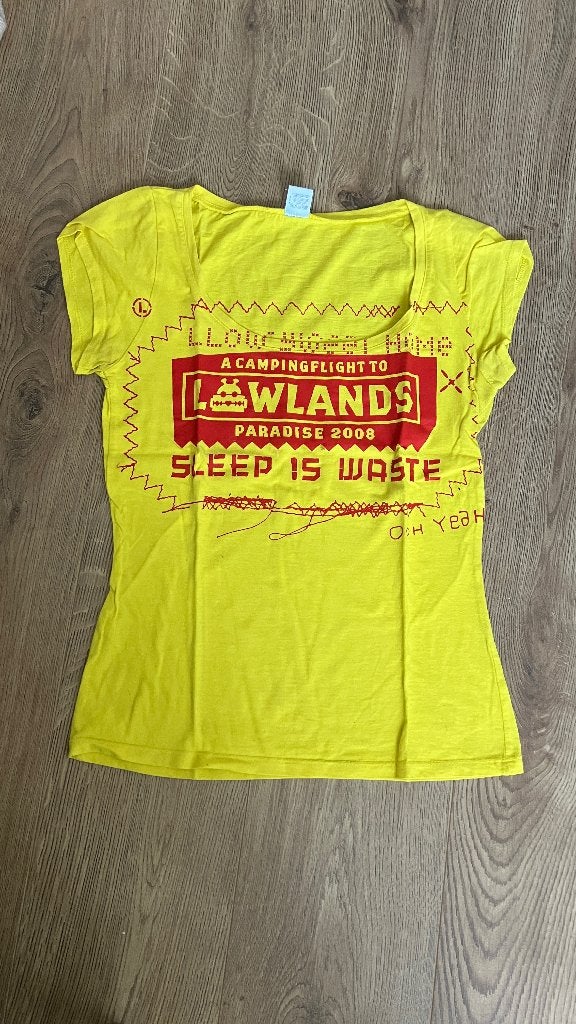 Lowlands 2008 T-shirt Maat L - Zeldzaam Festival Item, Lowlands, Geel, Maat 42/44 (L), Ophalen of Verzenden