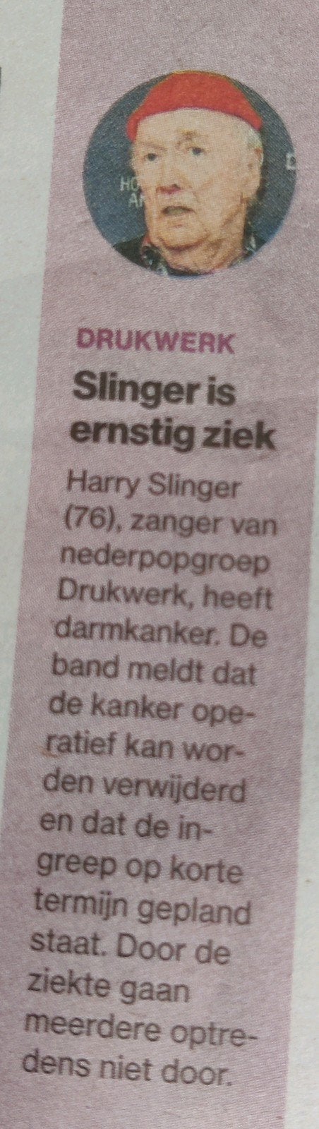 Harry Slinger - Drukwerk - krantenartikel knipsel, Ophalen of Verzenden, 1980 tot heden, Nederland, Knipsel(s)