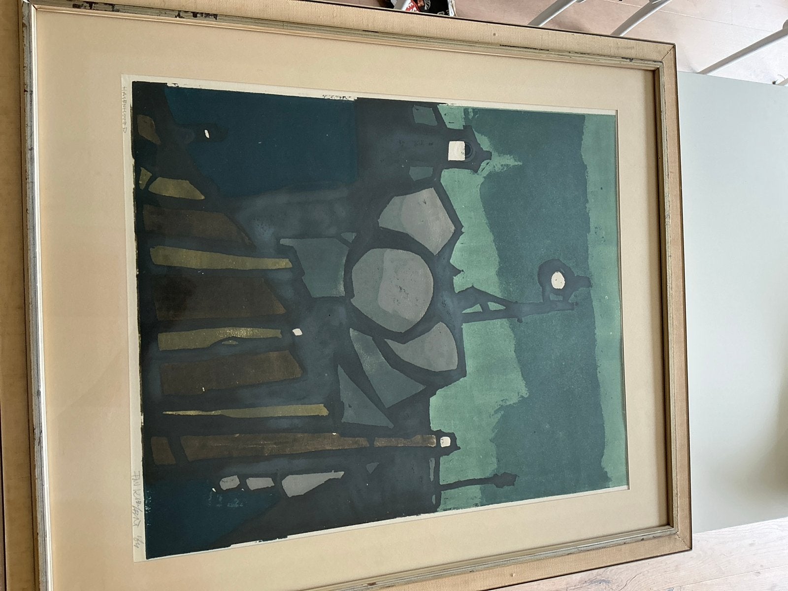Abstracte Havenlandschap Zeefdruk - A. Clement, Antiek en Kunst, Kunst | Schilderijen | Klassiek, Ophalen, Maritiem / water, Gedateerd
