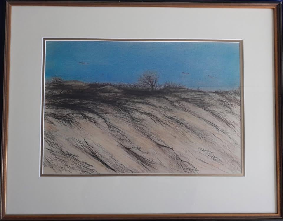 Gezicht op de duinen. Waterverf schilderij met luxe lijst,, Ophalen, Gebruikt, Schilderij, 50 tot 75 cm