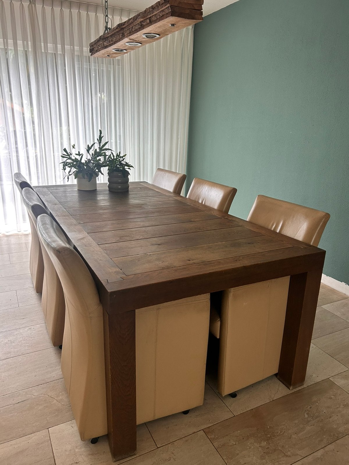 Eiken eettafel Van Dijk (220x105) olijf finish + 6 stoelen, Ophalen, Gebruikt, 100 tot 150 cm, Eikenhout