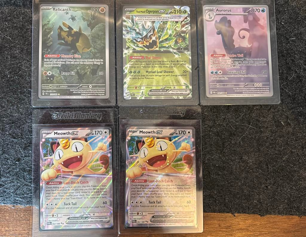 Pokémon kaarten set – Meowth EX + Ogerpon EX + holo’s, Ophalen of Verzenden, Zo goed als nieuw, Meerdere kaarten, Foil