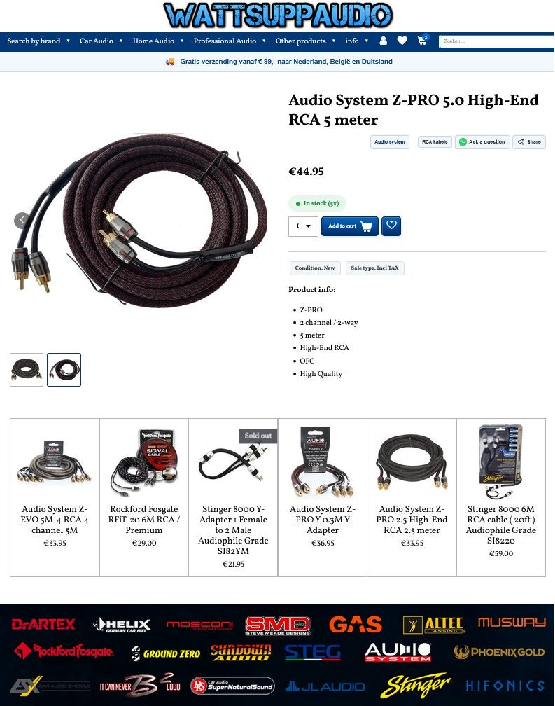 Audio System Z-PRO 5.0 Hi end RCA kabel / tulpkabel 5 meter, Info@optimount.nl, Nieuw, Ophalen of Verzenden, Anholtseweg 48A 7091 HB DINXPERLO