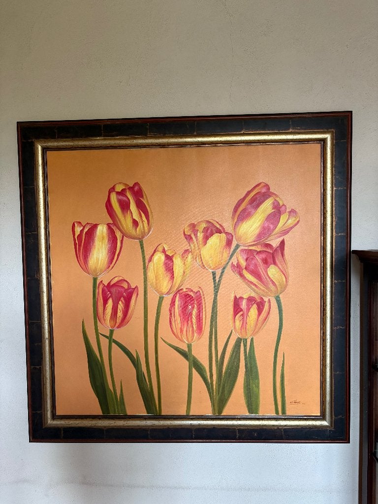 Olieverf doek tulpen in mooie lijst, Ophalen, Gesigneerd, Bloemen