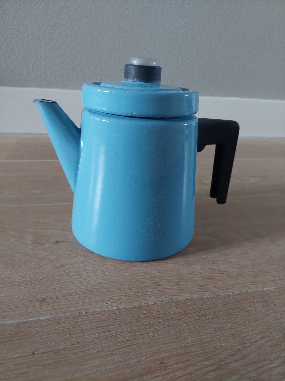 Vintage blauwe emaille koffiekan, 19 cm hoog, Ophalen of Verzenden