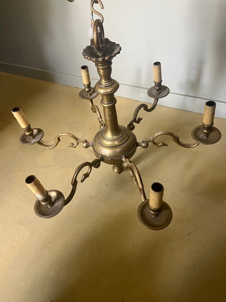 Antieke 19e-eeuwse Vlaamse Oud-Hollandse kroonluchter 6-arms, Ophalen of Verzenden, Gebruikt, Metaal, Antieke Vlaamse Oud-Hollandse