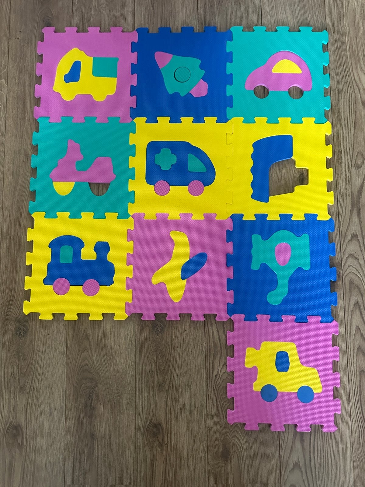 Foam vloerpuzzel met voertuigen - 30x30 cm stukken, Ophalen of Verzenden, 10 tot 50 stukjes, Zo goed als nieuw, 0 tot 6 maanden