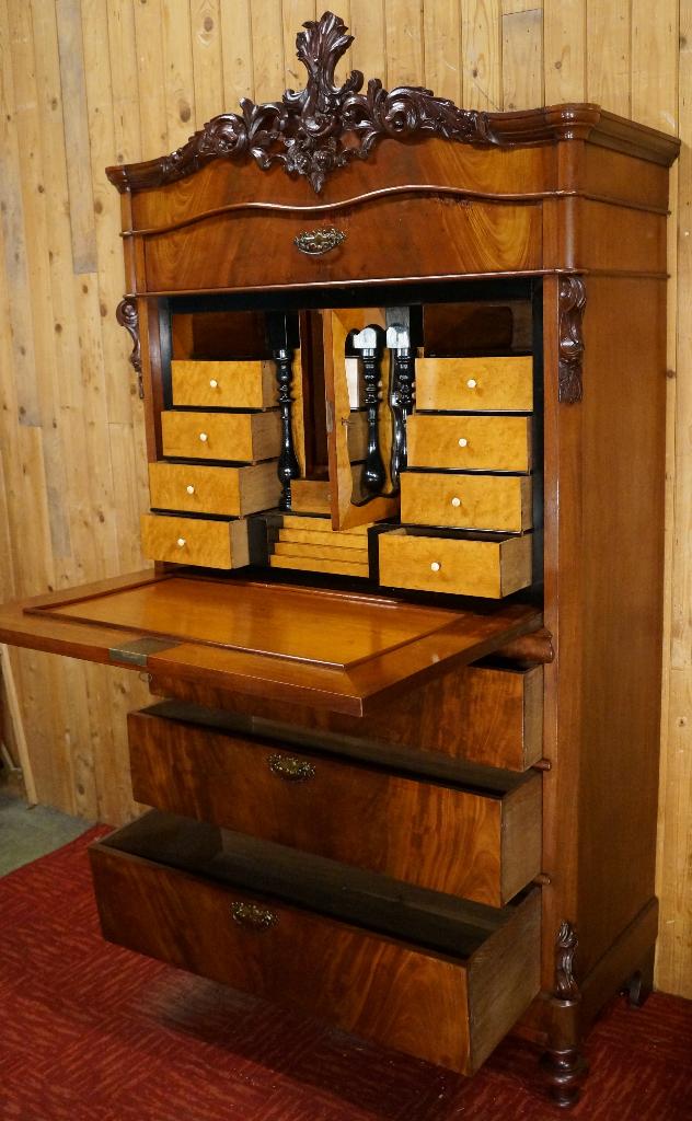Antiek Biedermeier Strak mahonie houten klep secretaire buro, Ophalen, Gebruikt, Biedermeier Victoriaans Antiques Klassiek 19e Rustiek Romantisch