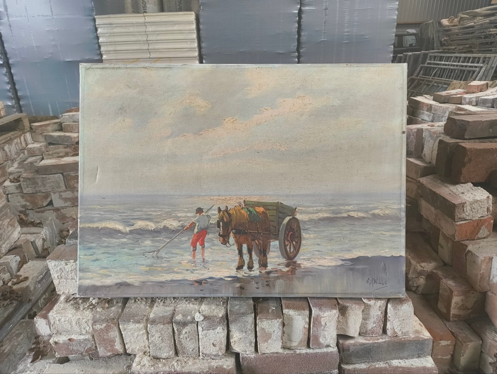 schilderij zee paard garnalen visser, Ophalen