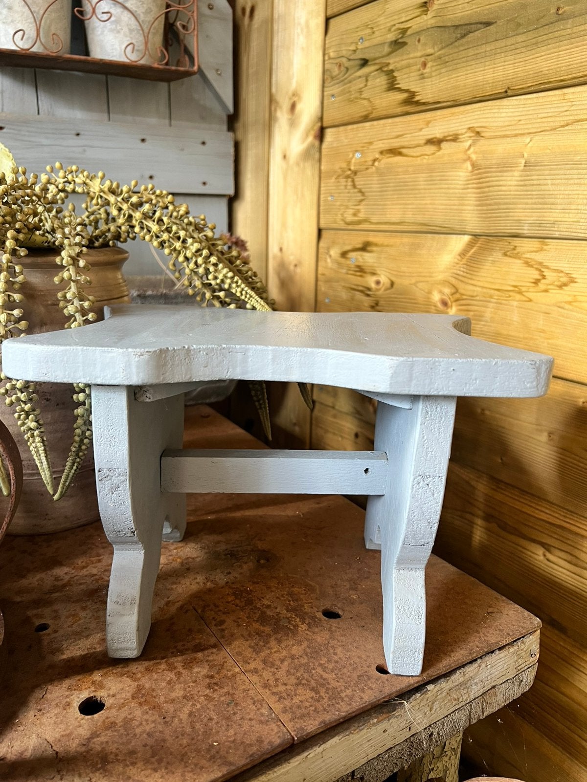 Brocante grijs/blauw klein krukje, opstapje vensterbankje, Antiek en Kunst, Ophalen