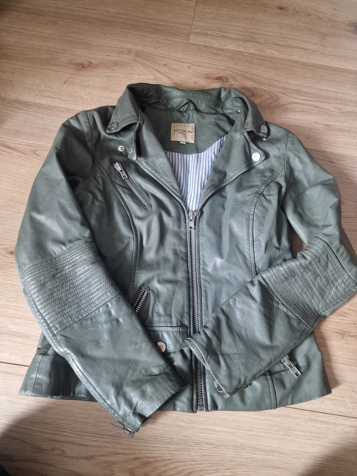 Leren jasje groengrijs, M, Ophalen of Verzenden, Zo goed als nieuw, Blauw