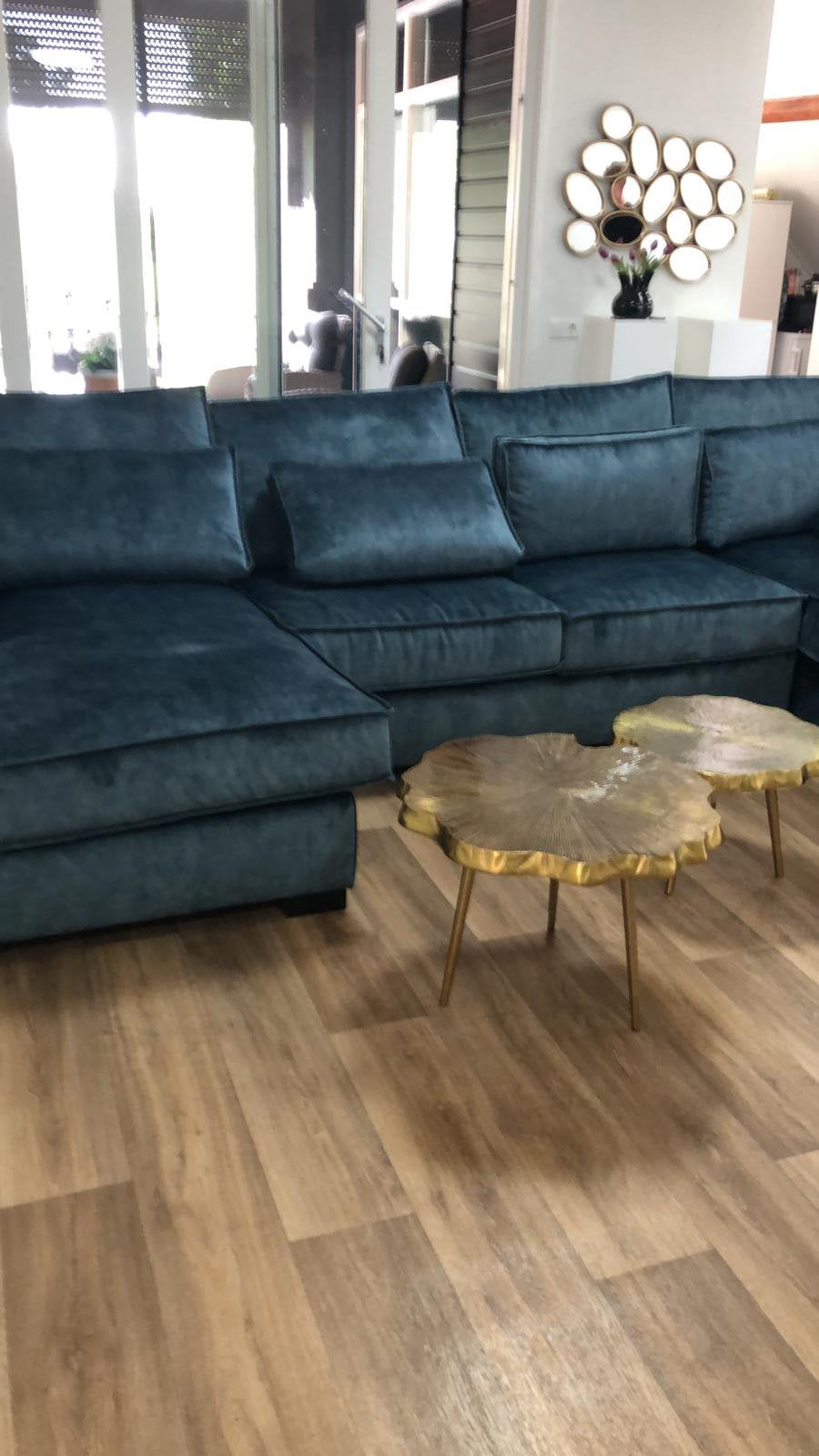 Titel: Luxe grote U-hoekbank petrol blauw –