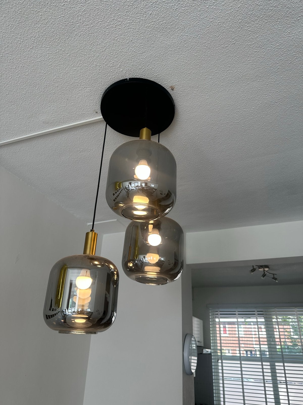 Moderne hanglampen en vloerlamp met rookglas, Ophalen, Zo goed als nieuw, Glas, E27 (groot)