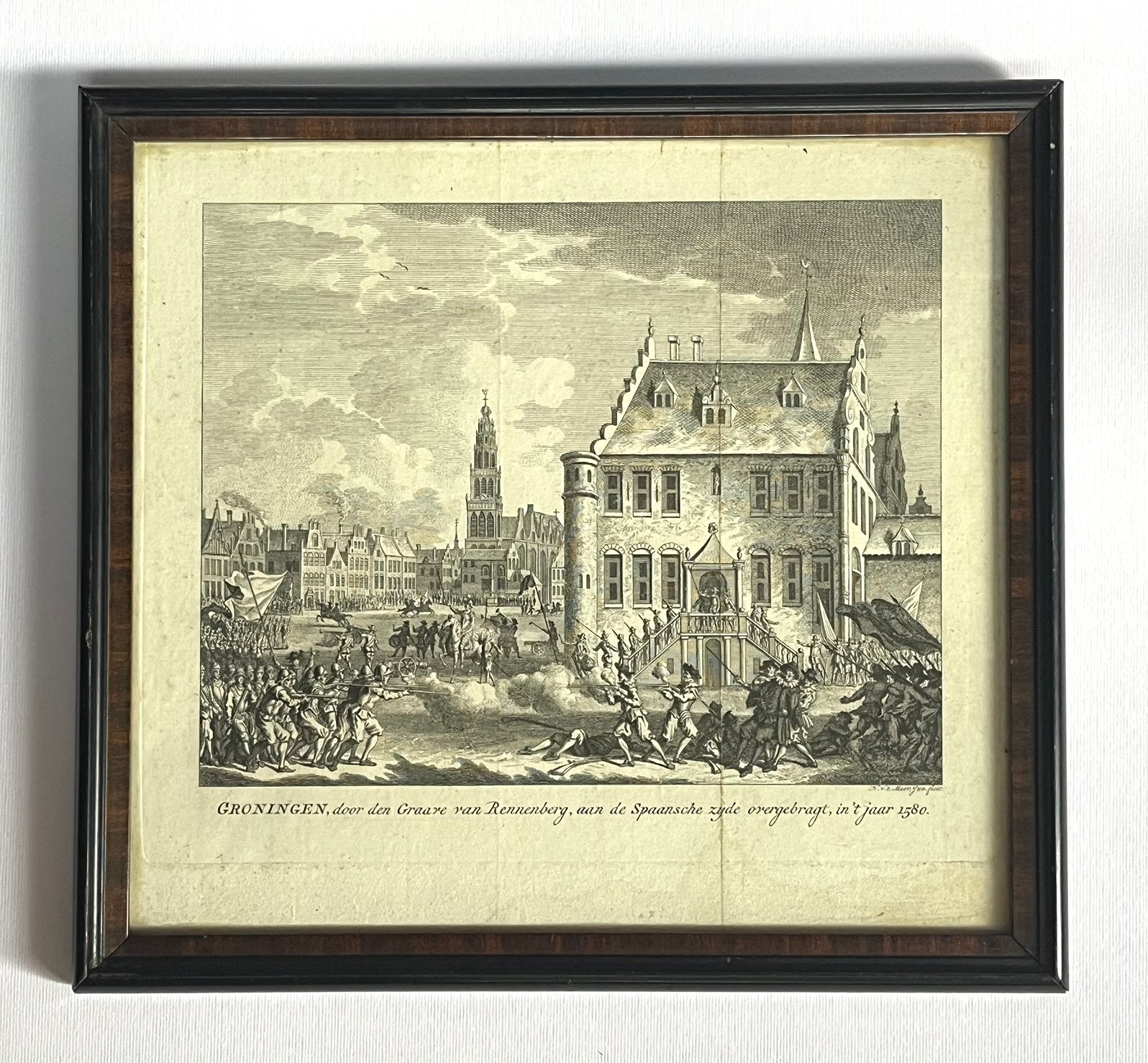 Groningen aan de Spaansche zijde overgebragt in ´t jaar 1580, Antiek en Kunst, Kunst | Etsen en Gravures, Met tekst, Militair