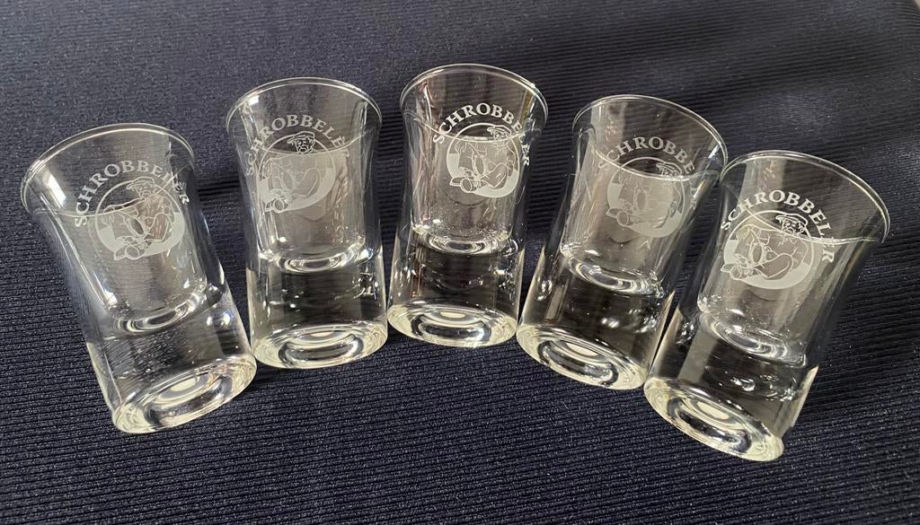 5 Schrobbelèr shotjes/glaasjes met verzwaarde bodem. H. 7 cm, Ophalen of Verzenden, Zo goed als nieuw, Borrel- of Shotglas